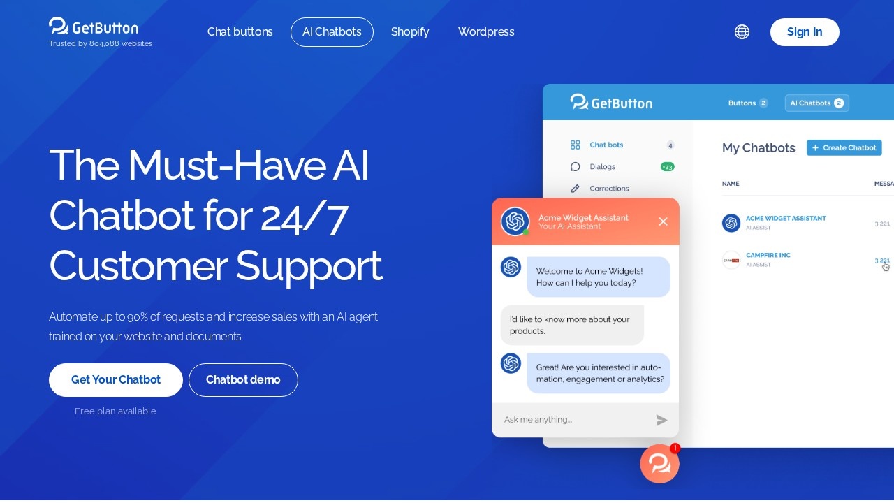 Getbutton AI Chatbots For Websites screenshot